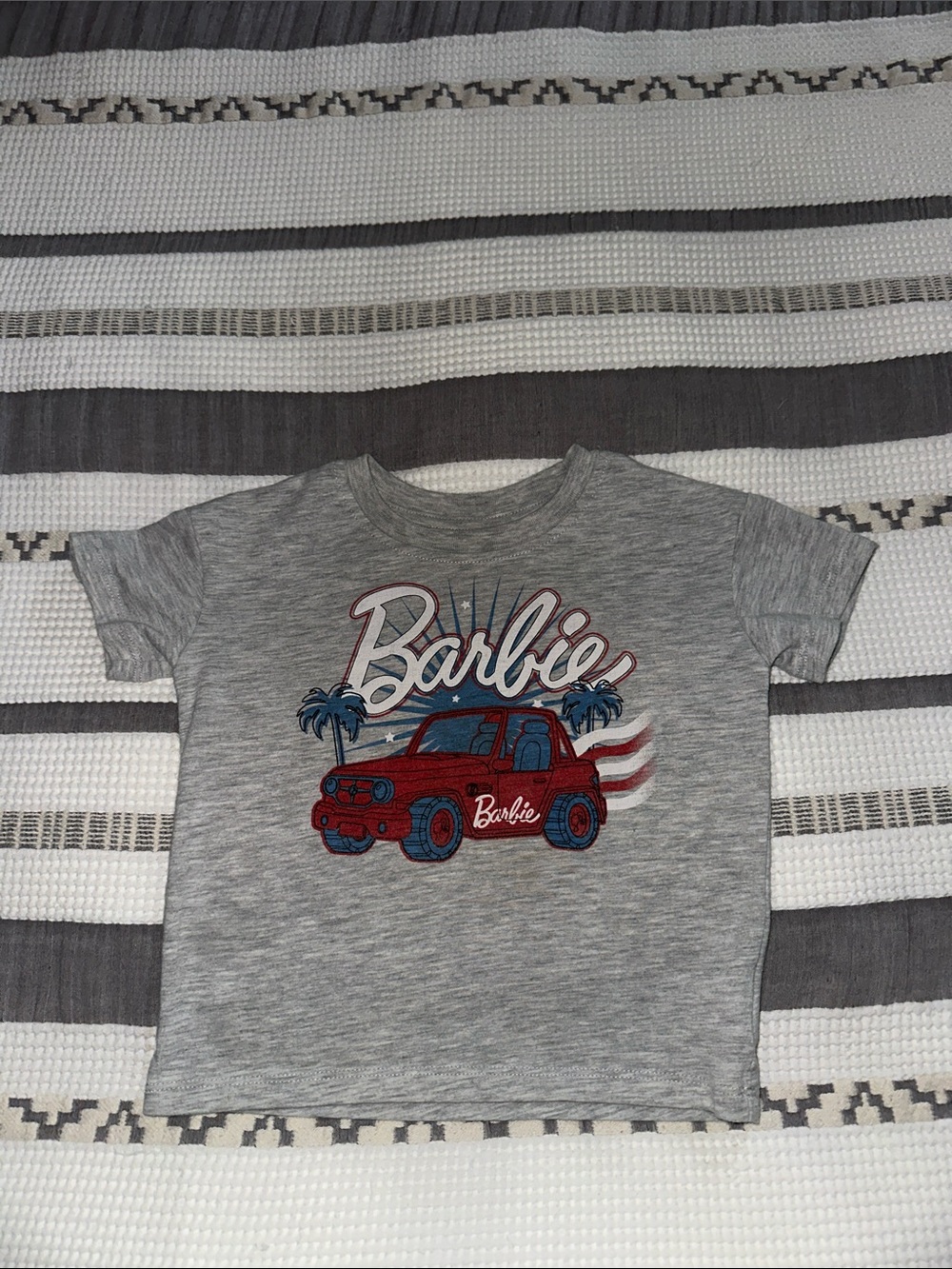 Barbie Gray Tee with Red & Blue Car Graphic